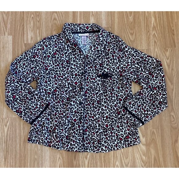 laSenza Pajamas Womens Leopard Print Button Up Lg Black White Pink Lace Trim - Picture 9 of 13